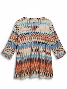Chico's Multicolor Abstract Print Knit Tunic Top 100% Linen Boho Size Large